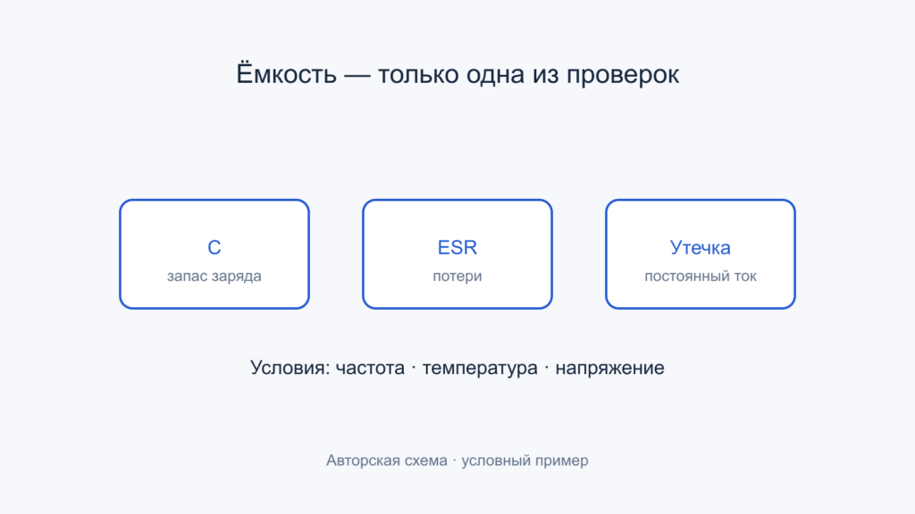 Три отдельных параметра проверки конденсатора: ёмкость, ESR, утечка