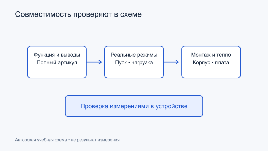 Подбор замены: функция, реальные режимы, корпус и проверка