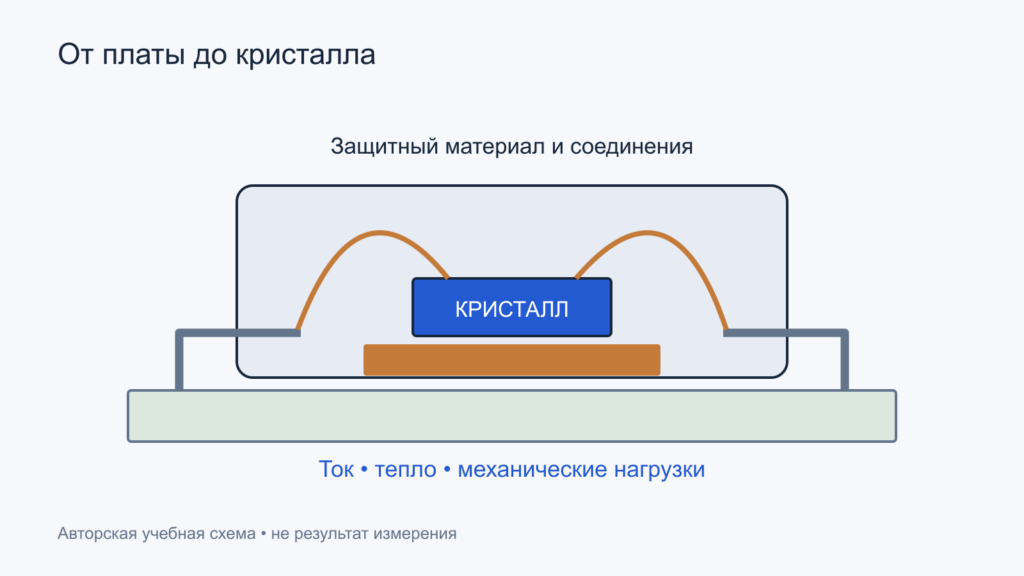 Условный разрез корпуса с кристаллом, проволочными соединениями и тепловой площадкой