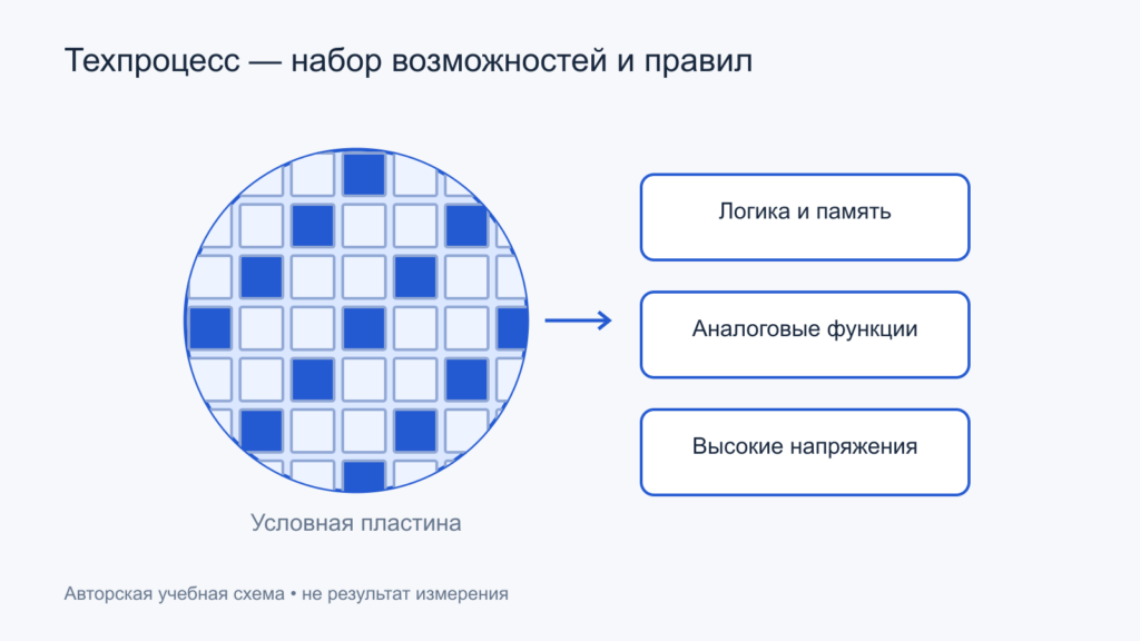 Условная кремниевая пластина и разные направления технологий: логика, аналоговая часть и силовые функции