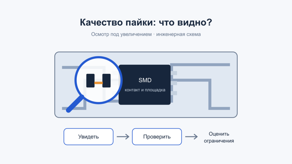 Схема осмотра печатной платы: увеличение, электрическая проверка и вывод с учётом ограничений