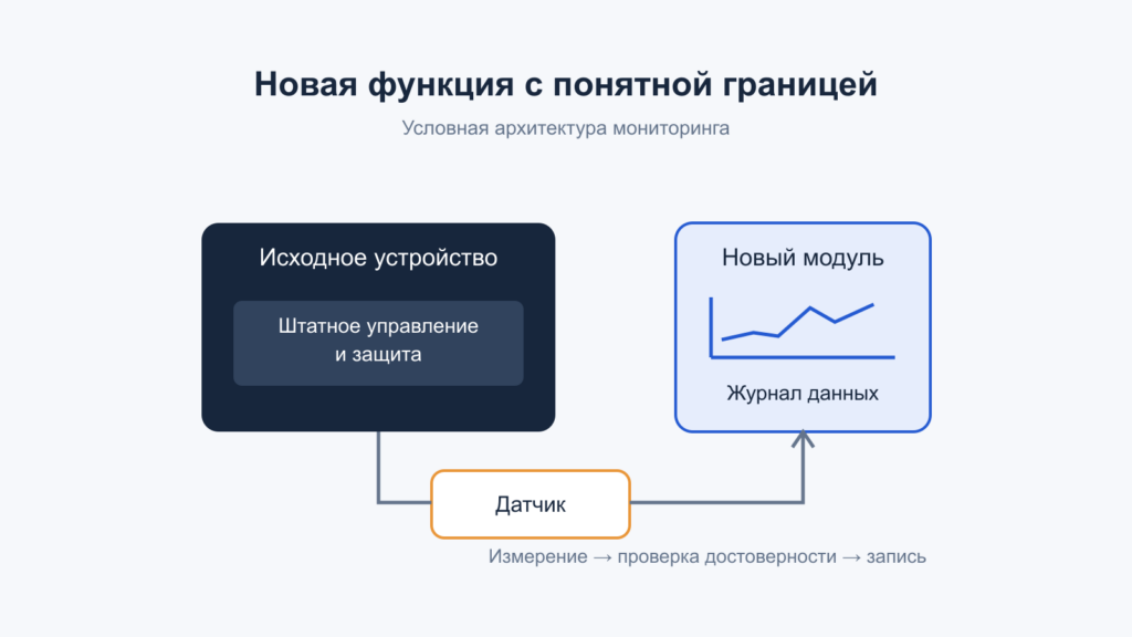 Условная архитектура модернизации: независимый датчик передаёт данные в журнал, штатное управление и защита устройства сохраняются