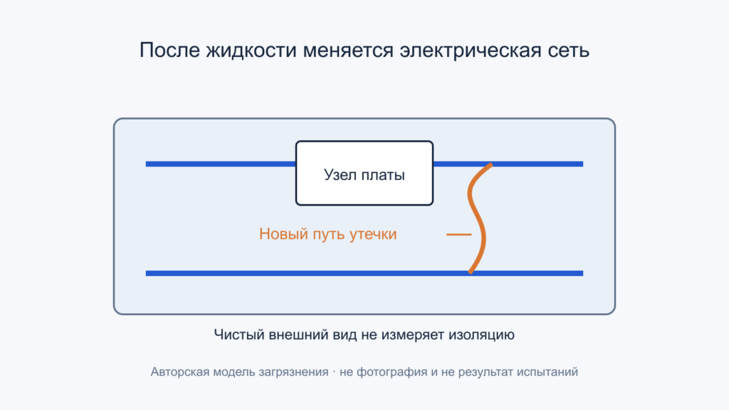 Загрязнение образует дополнительный путь между проводниками платы