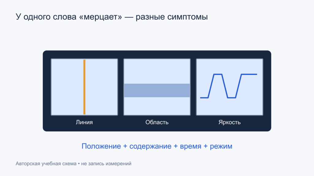 Разные симптомы дисплея: фиксированная линия, искажение области и изменение яркости