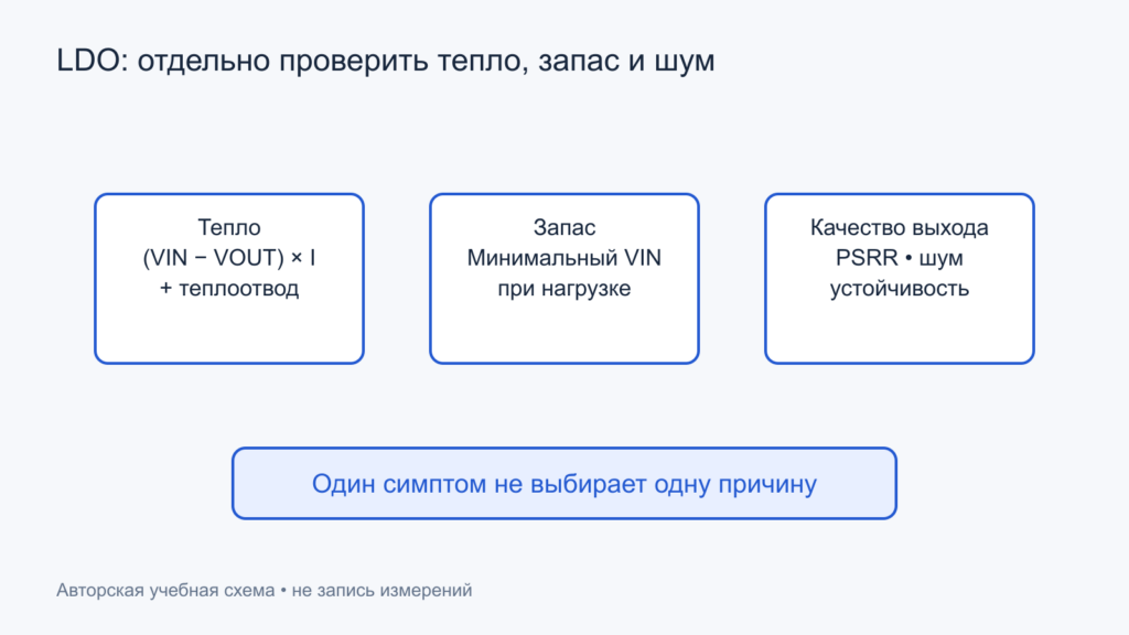 Три независимых вопроса диагностики LDO: тепло, запас входа и качество выхода