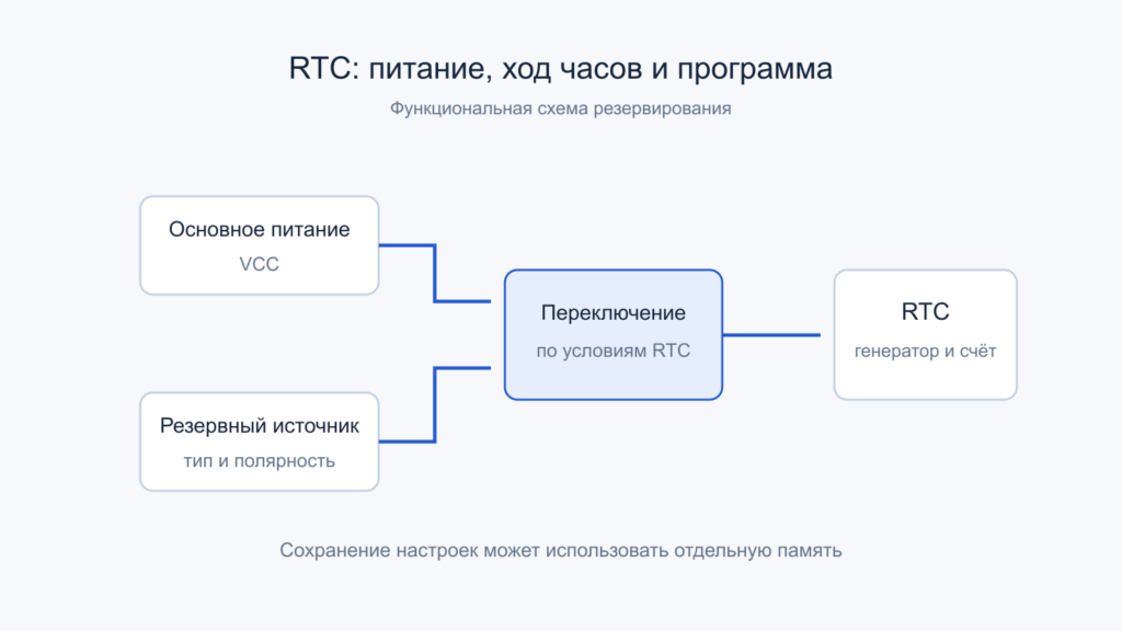 Основное и резервное питание через переключение поступают к RTC; память настроек выделена отдельно