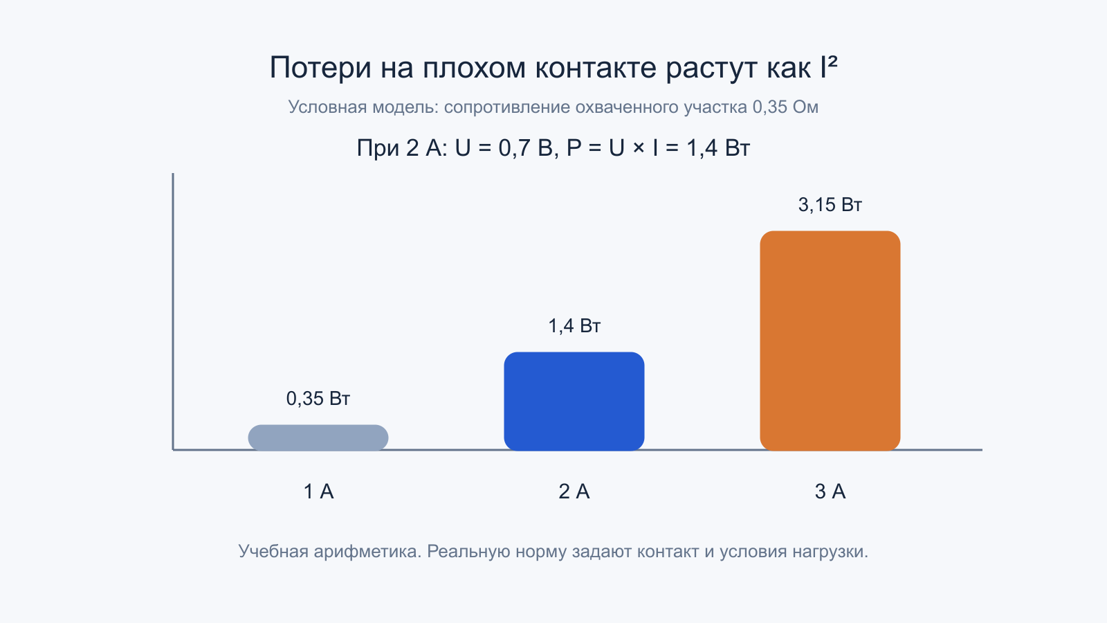 Учебная диаграмма потерь при сопротивлении 0,35 Ом: 0,35 Вт при 1 А, 1,4 Вт при 2 А, 3,15 Вт при 3 А