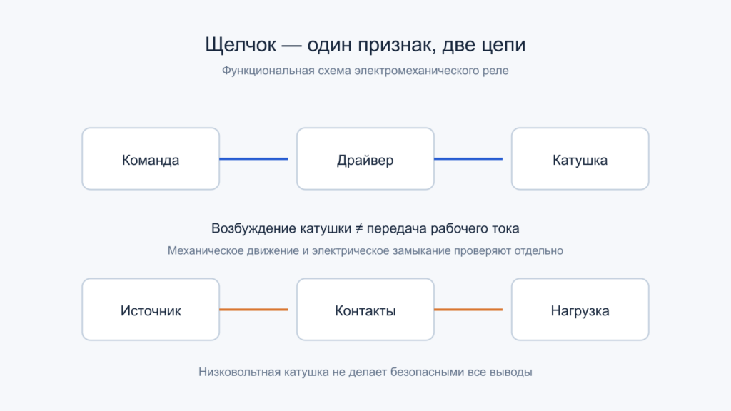 Две функциональные цепи реле:команда через драйвер к катушке и источник через контакты к нагрузке