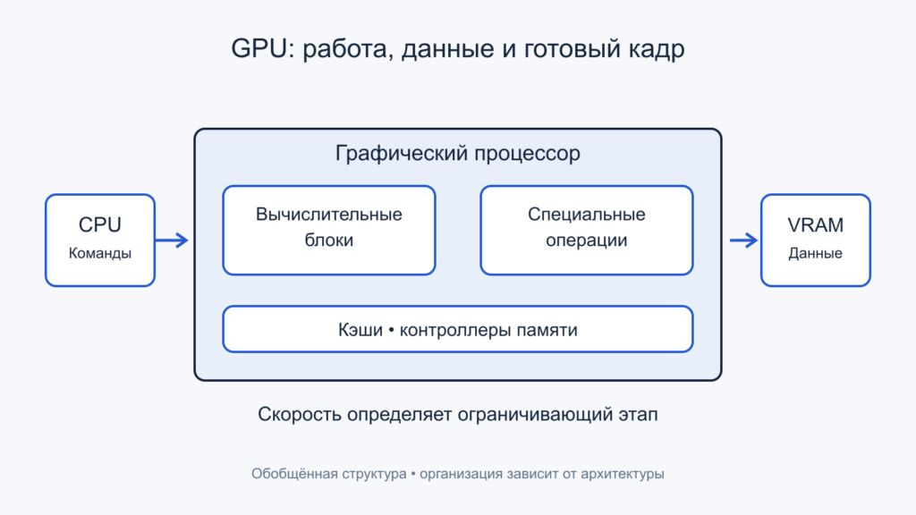 Обобщённая структура видеокарты: GPU, CPU и локальная VRAM