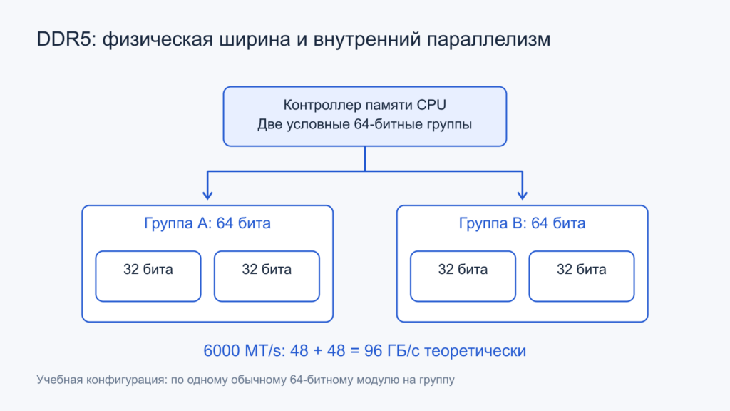 Две 64-битные группы контроллера разделены на четыре субканала по 32 бита