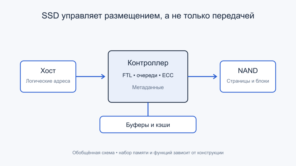 Обобщённая структура SSD: логические адреса, контроллер и NAND