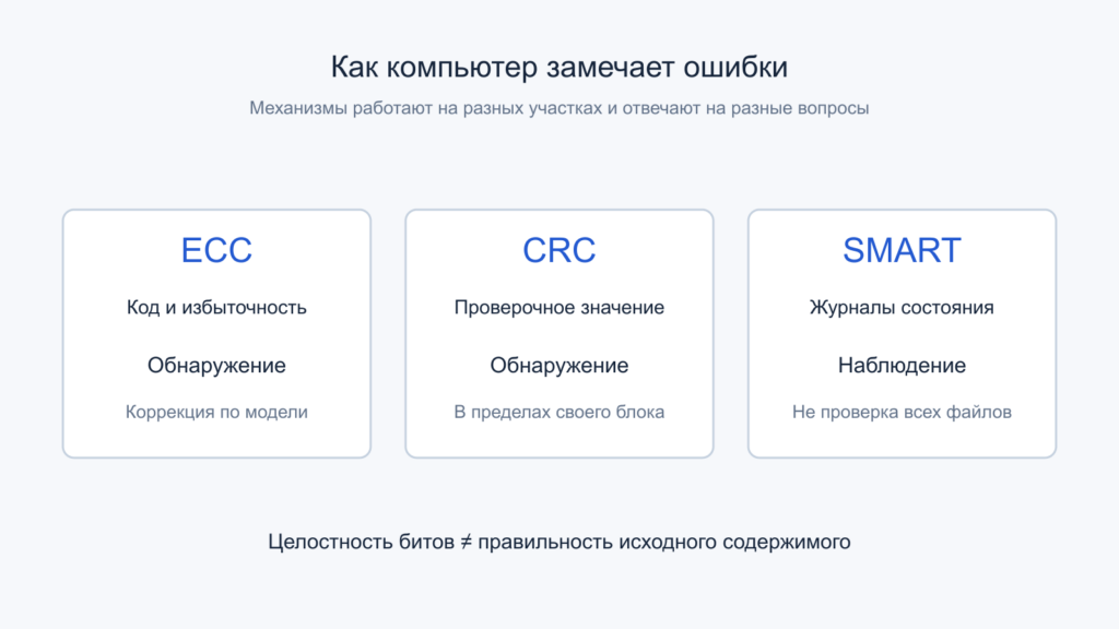 ECC, CRC и SMART отвечают на разные вопросы: коррекция по модели, проверка блока и наблюдение состояния.