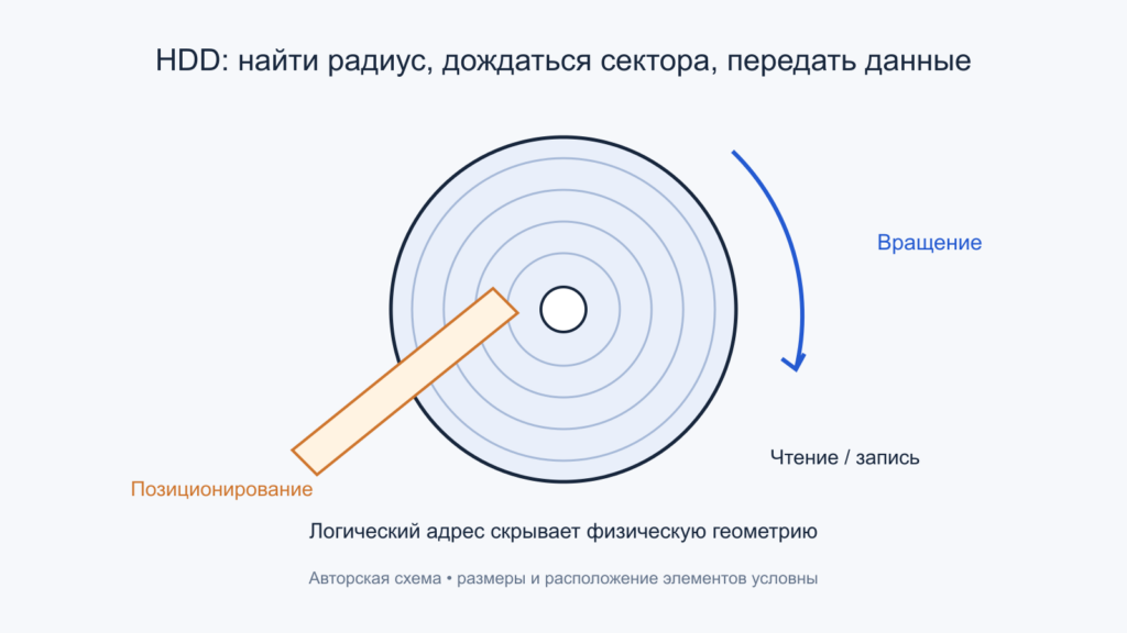 Схематичная магнитная пластина HDD, головка и направление вращения