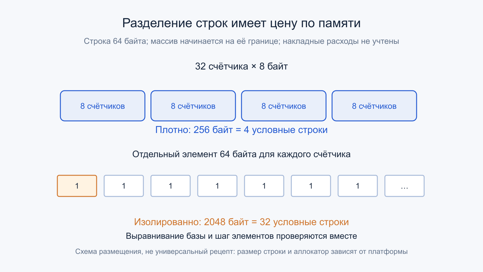 Плотный массив из 32 восьмибайтных счётчиков занимает 256 байт, изолированный — 2048 байт