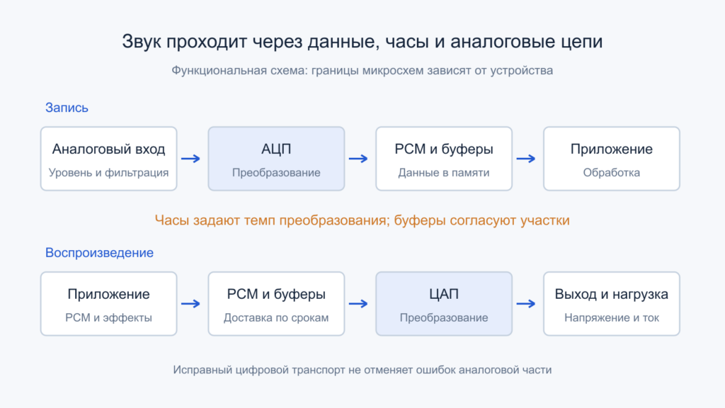 Пути записи и воспроизведения: аналоговый вход, АЦП, PCM, буферы, приложение, ЦАП и нагрузка.