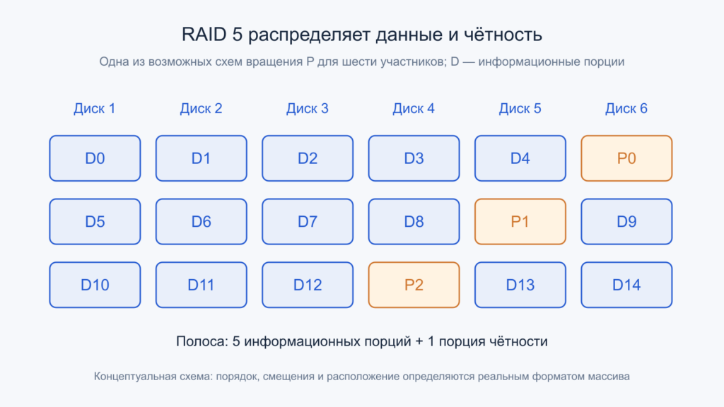 Полосы RAID 5 из пяти информационных порций и одной порции распределённой чётности на шести дисках