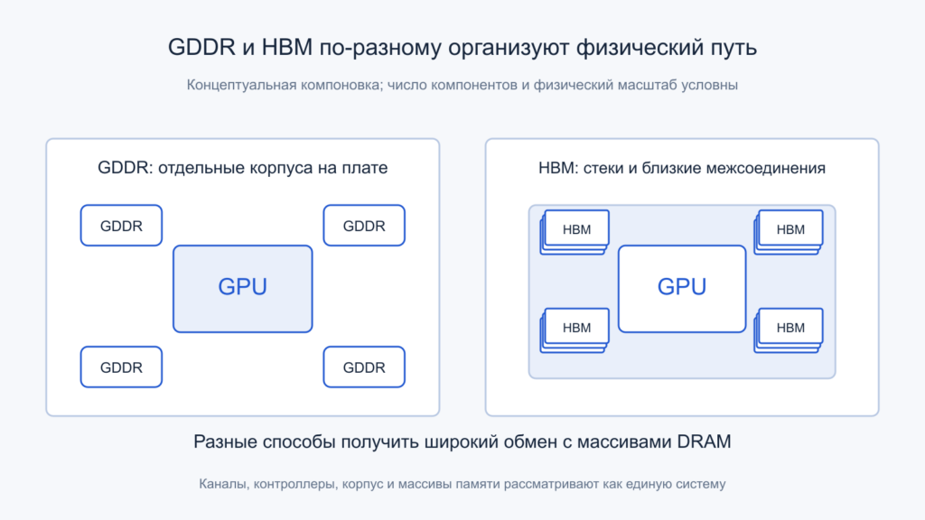 Концептуальное сравнение отдельных GDDR-компонентов на плате и стеков HBM рядом с GPU.