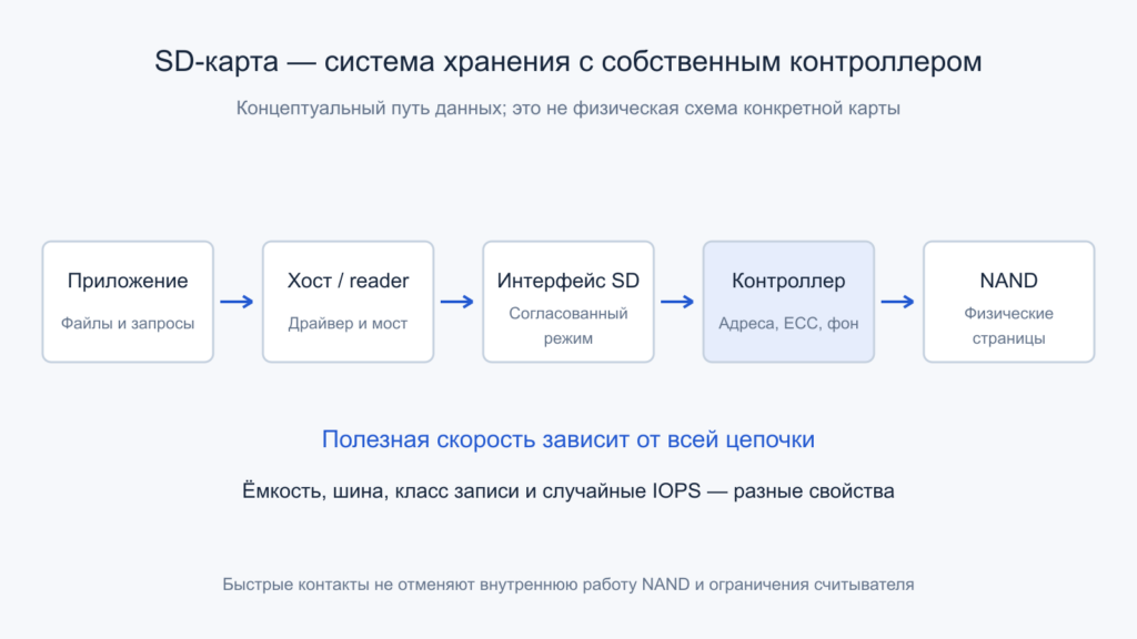 Путь данных SD-карты: приложение, хост и считыватель, интерфейс SD, контроллер и NAND.