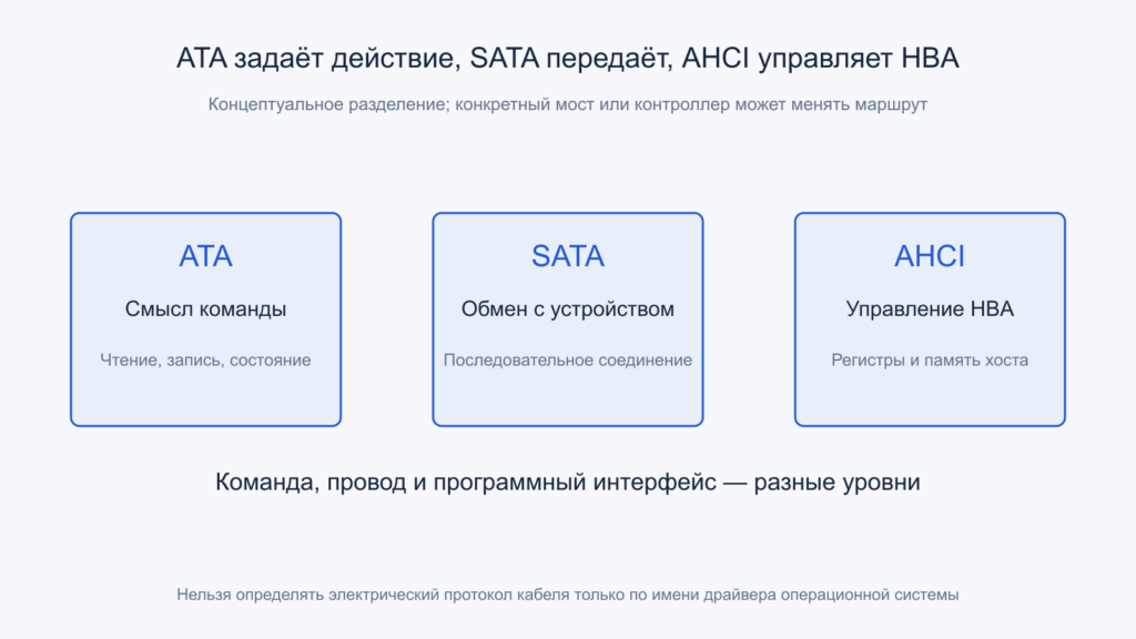 Разделение ATA-команд, SATA-передачи и программного интерфейса AHCI.