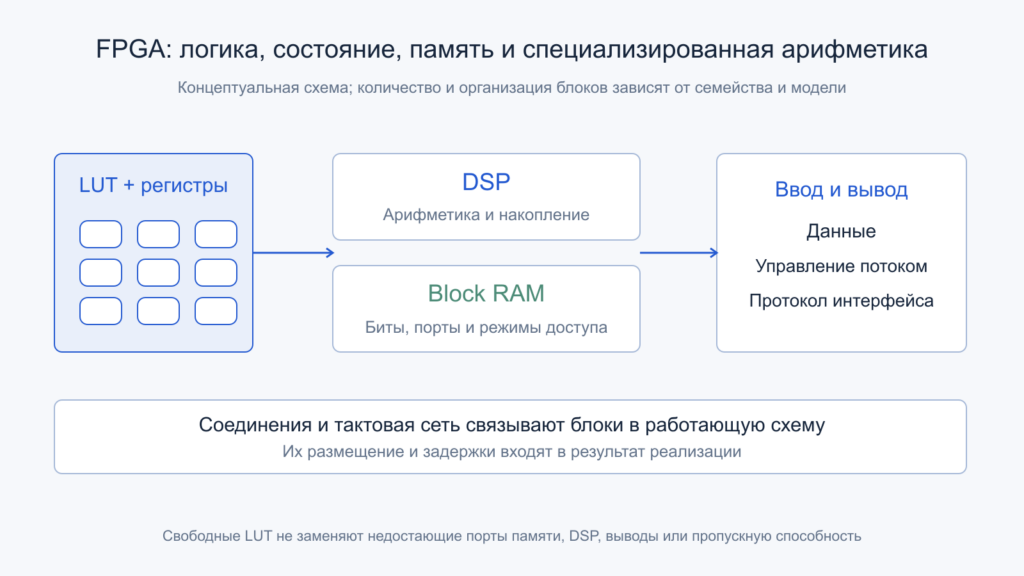 Основные ресурсы FPGA: LUT и регистры, DSP, block RAM, ввод-вывод, соединения и тактовая сеть.