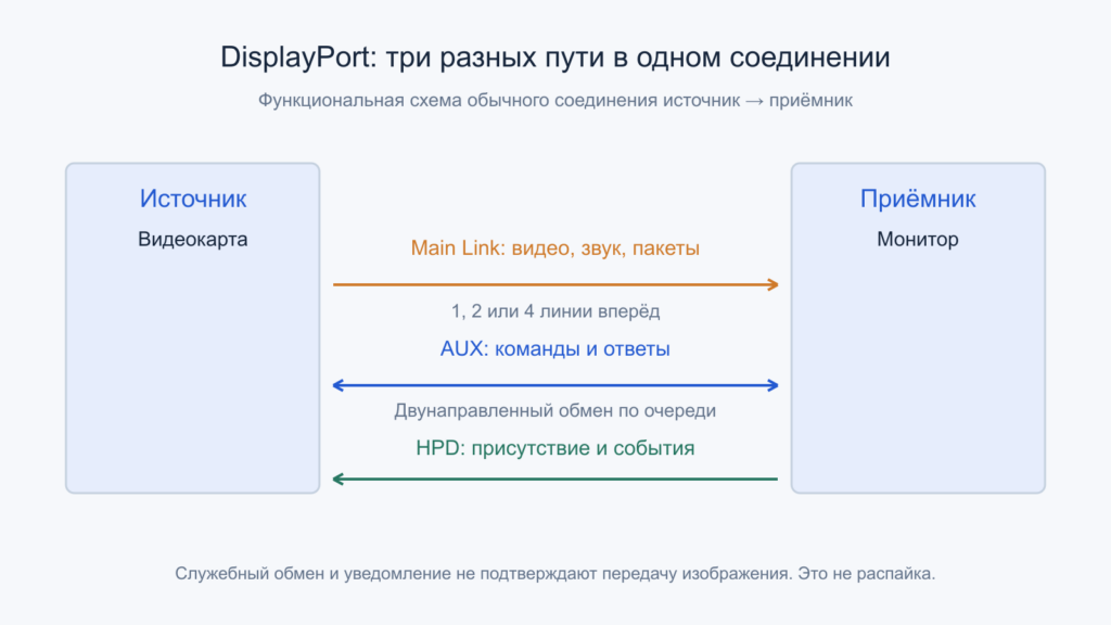 Три функциональных канала DisplayPort: Main Link, AUX и HPD