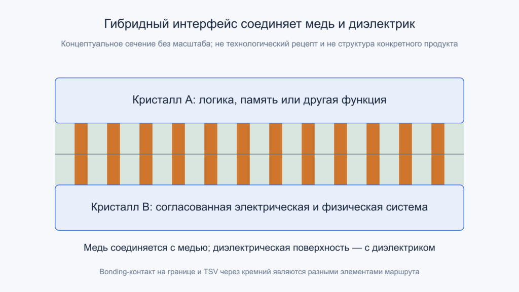 Два кристалла соединены через согласованные медные площадки и диэлектрические поверхности.