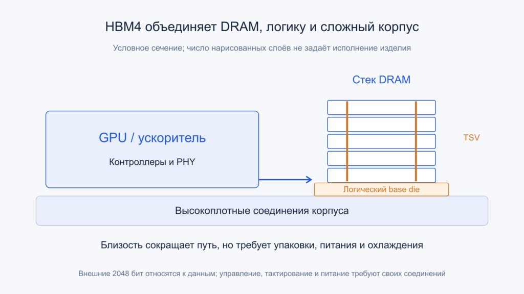 Сечение условного корпуса: GPU рядом со стеком DRAM, логическим основанием и вертикальными TSV.