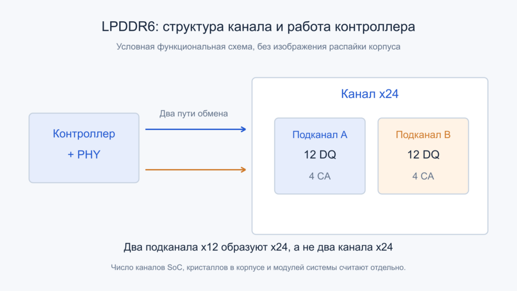 Канал LPDDR6 x24 состоит из двух подканалов с 12 линиями DQ и 4 линиями CA у каждого.