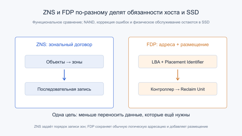 ZNS задаёт последовательную запись по зонам; FDP передаёт LBA и идентификатор размещения контроллеру.