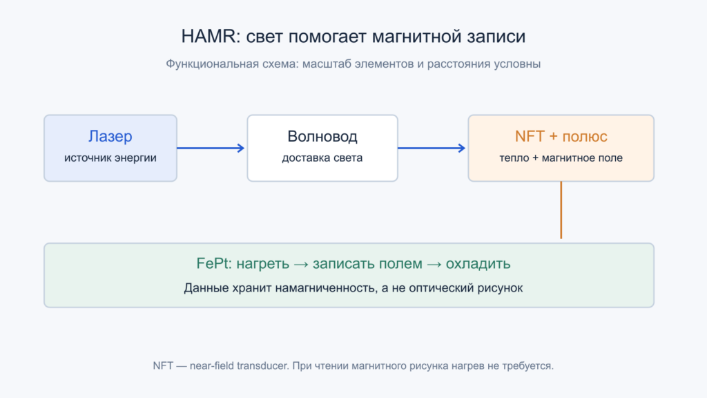 Оптический тракт HAMR: лазер, волновод и NFT работают рядом с магнитным полюсом над FePt-носителем.