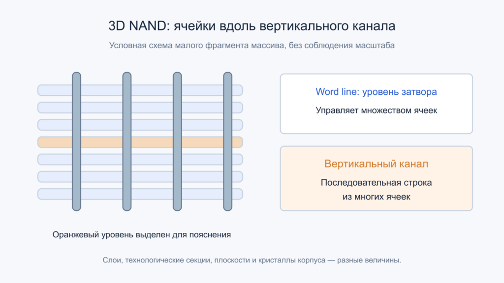 Несколько управляющих уровней word line пересекаются с вертикальными каналами NAND.