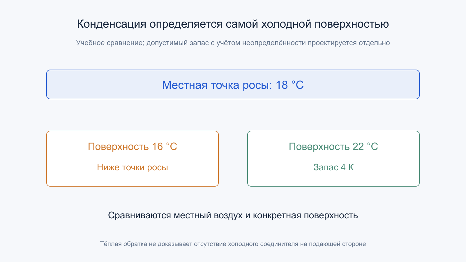 Поверхности 16 и 22 °C сравниваются с местной точкой росы 18 °C.